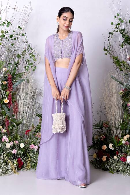 Buy Sunita Bhandari Purple Viscose, Organza Embroidery Hand Cape Top With Palazzo Online at Aza Fashions Buy_Sunita Bhandari_Purple Viscose, Organza Embroidery Hand Cape Top With Palazzo _Online_at_Aza_Fashions