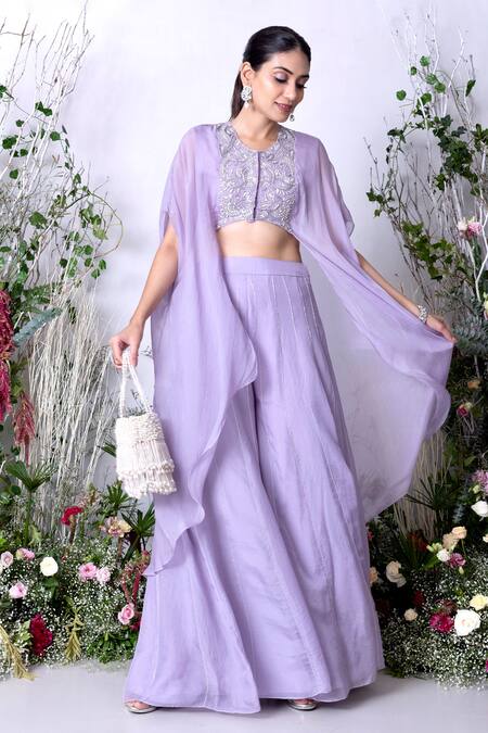 Shop Sunita Bhandari Purple Viscose, Organza Embroidery Hand Cape Top With Palazzo Online at Aza Fashions Shop_Sunita Bhandari_Purple Viscose, Organza Embroidery Hand Cape Top With Palazzo _Online_at_Aza_Fashions