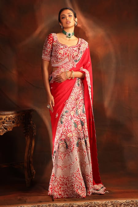 Designer Red Lehenga Saree with Sequence and Moti Work - Ethnic Race