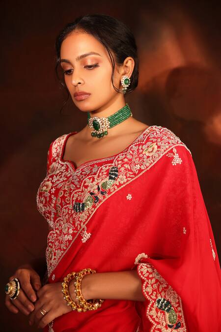 Kaaisha By Shalini_Red Cathaya Georgette Embroidered Dabka Leaf Zardosi Lehenga Saree_Online_at_Aza_Fashions