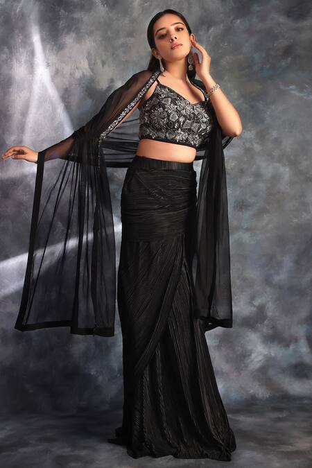 Kaaisha By Shalini_Black Lycra, Tulle, Georgette Sequins, Cut Embroidered Sheer Cape Lehenga Set_Online_at_Aza_Fashions