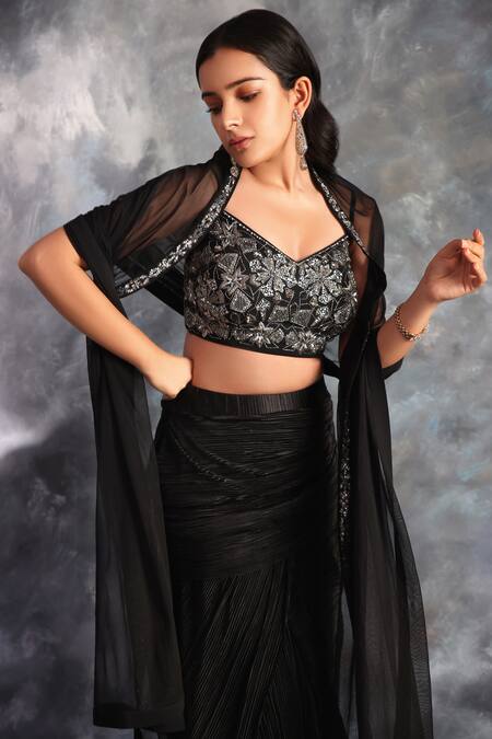 Shop_Kaaisha By Shalini_Black Lycra, Tulle, Georgette Sequins, Cut Embroidered Sheer Cape Lehenga Set_Online_at_Aza_Fashions