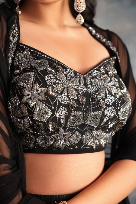 Kaaisha By Shalini_Black Lycra, Tulle, Georgette Sequins, Cut Embroidered Sheer Cape Lehenga Set_at_Aza_Fashions