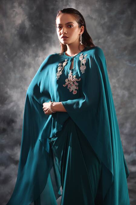 Kaaisha by Shalini Green Corgette Embroidered Cutdana Cape Asymmetric With Draped Dress  4