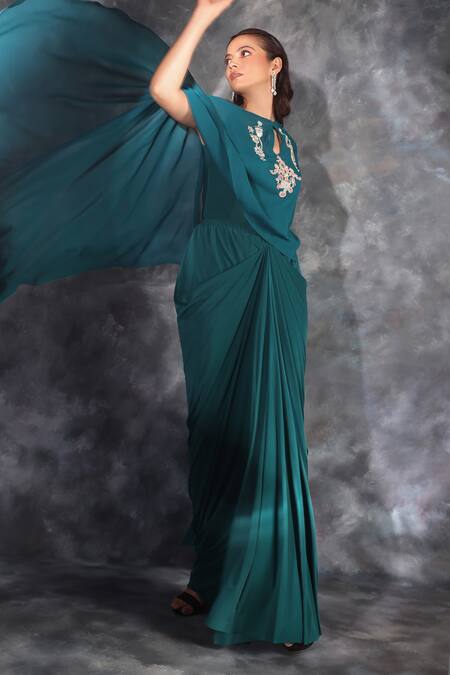 Kaaisha by Shalini Green Corgette Embroidered Cutdana Cape Asymmetric With Draped Dress  2