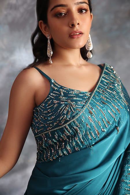 Buy Kaaisha By Shalini Green Satin Cut Work, Sequins Round Neck Embellished Border Saree With Blouse Online at Aza Fashions Buy_Kaaisha By Shalini_Green Satin Cut Work, Sequins Round Neck Embellished Border Saree With Blouse_Online_at_Aza_Fashions