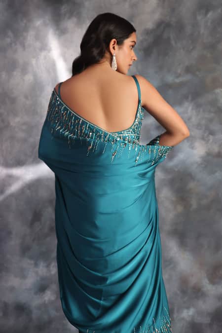 Shop Kaaisha By Shalini Green Satin Cut Work, Sequins Round Neck Embellished Border Saree With Blouse Online at Aza Fashions Shop_Kaaisha By Shalini_Green Satin Cut Work, Sequins Round Neck Embellished Border Saree With Blouse_Online_at_Aza_Fashions