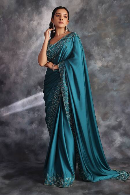 Shop Kaaisha By Shalini Green Satin Cut Work, Sequins Round Neck Embellished Border Saree With Blouse at Aza Fashions Shop_Kaaisha By Shalini_Green Satin Cut Work, Sequins Round Neck Embellished Border Saree With Blouse_at_Aza_Fashions