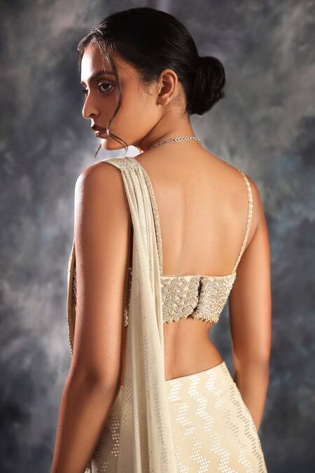 Buy_Kaaisha By Shalini_Ivory Silk, Lycra Pearls, Sequins, Chevron Pattern Pre Draped Saree With Blouse_Online_at_Aza_Fashions