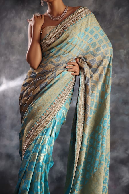 Kaaisha By Shalini Sky Blue Silk, Georgette, Bandhej Pattern Saree With Unstitched Blouse Fabric Online at Aza Fashions Kaaisha By Shalini_Sky Blue Silk, Georgette, Bandhej Pattern Saree With Unstitched Blouse Fabric_Online_at_Aza_Fashions