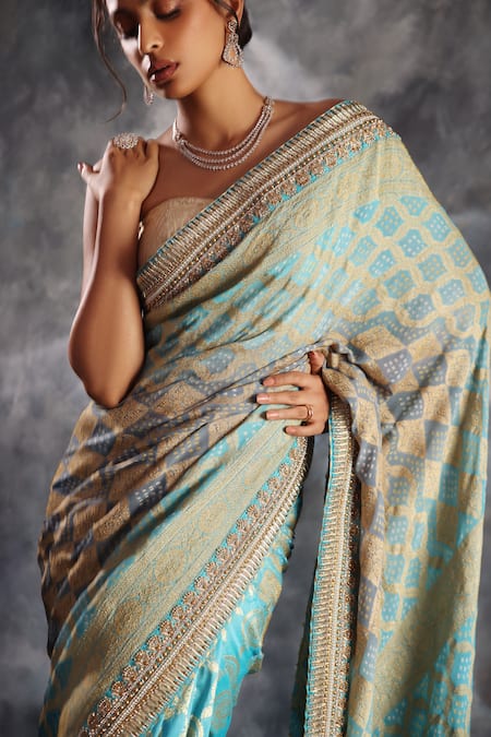 Buy Kaaisha By Shalini Sky Blue Silk, Georgette, Bandhej Pattern Saree With Unstitched Blouse Fabric Online at Aza Fashions Buy_Kaaisha By Shalini_Sky Blue Silk, Georgette, Bandhej Pattern Saree With Unstitched Blouse Fabric_Online_at_Aza_Fashions