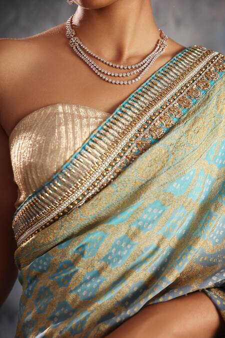 Shop Kaaisha By Shalini Sky Blue Silk, Georgette, Bandhej Pattern Saree With Unstitched Blouse Fabric Online at Aza Fashions Shop_Kaaisha By Shalini_Sky Blue Silk, Georgette, Bandhej Pattern Saree With Unstitched Blouse Fabric_Online_at_Aza_Fashions