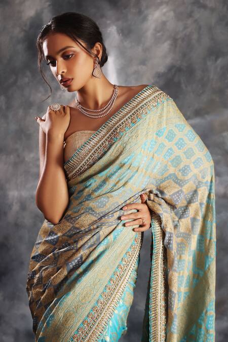 Shop Kaaisha By Shalini Sky Blue Silk, Georgette, Bandhej Pattern Saree With Unstitched Blouse Fabric at Aza Fashions Shop_Kaaisha By Shalini_Sky Blue Silk, Georgette, Bandhej Pattern Saree With Unstitched Blouse Fabric_at_Aza_Fashions