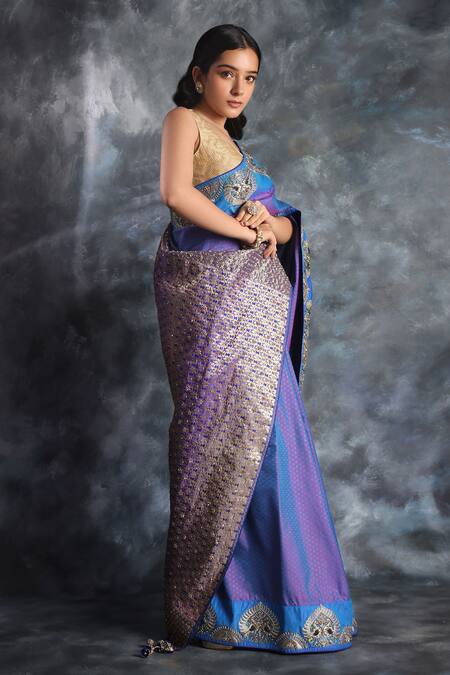 Kaaisha By Shalini_Purple Silk Cut Work, Woven Kanjiwaram Saree With Unstitched Blouse Fabric_Online_at_Aza_Fashions