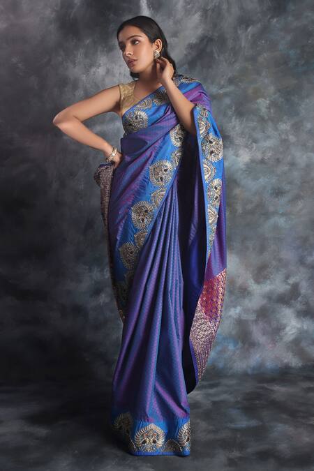 Buy_Kaaisha By Shalini_Purple Silk Cut Work, Woven Kanjiwaram Saree With Unstitched Blouse Fabric_Online_at_Aza_Fashions