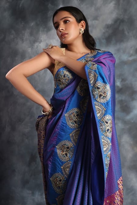 Shop_Kaaisha By Shalini_Purple Silk Cut Work, Woven Kanjiwaram Saree With Unstitched Blouse Fabric_Online_at_Aza_Fashions