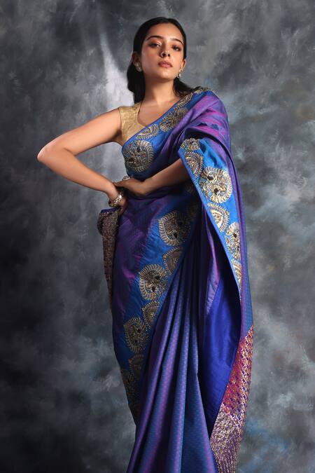 Kaaisha By Shalini_Purple Silk Cut Work, Woven Kanjiwaram Saree With Unstitched Blouse Fabric_at_Aza_Fashions