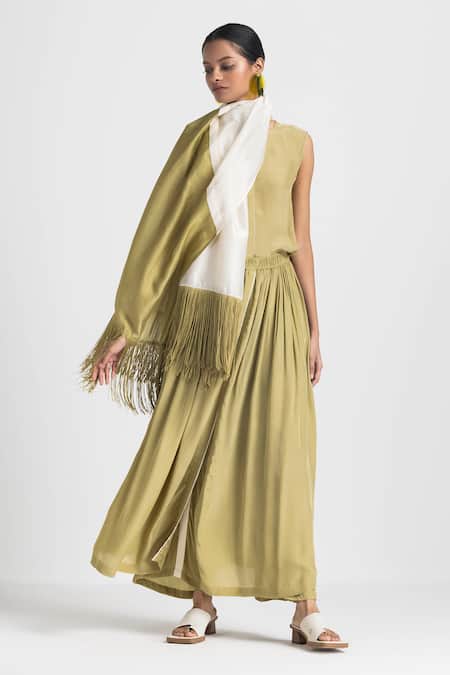 Shop Three Green Crepe Embroidery Round Neck Top With Overlay Pant at Aza Fashions Shop_Three_Green Crepe Embroidery Round Neck Top With Overlay Pant _at_Aza_Fashions