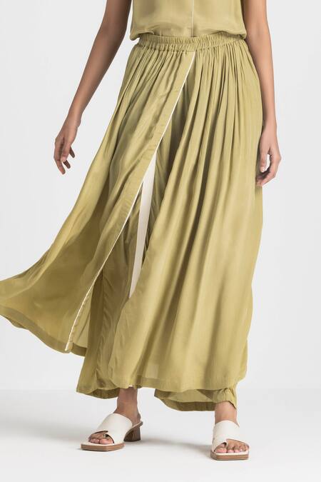 Buy Three Green Crepe Embroidery Round Neck Top With Overlay Pant Online at Aza Fashions Buy_Three_Green Crepe Embroidery Round Neck Top With Overlay Pant _Online_at_Aza_Fashions