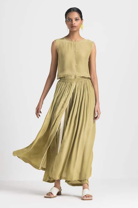 Shop Three Green Crepe, Chanderi Tassels Round Neck Top Overlay Pant Set at Aza Fashions Shop_Three_Green Crepe, Chanderi Tassels Round Neck Top Overlay Pant Set _at_Aza_Fashions