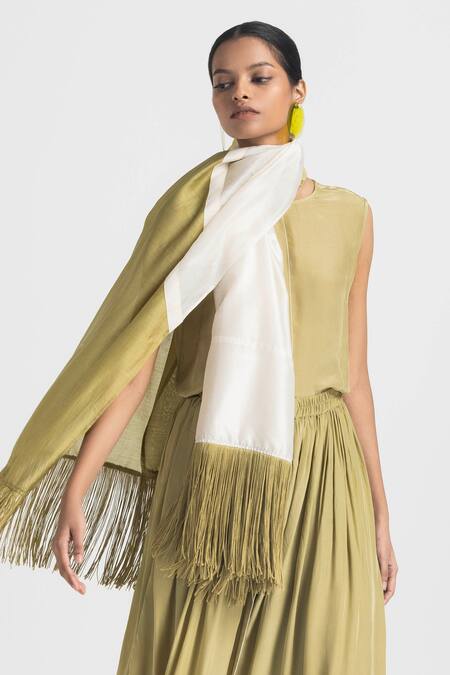 Three Green Crepe, Chanderi Tassels Round Neck Top Overlay Pant Set Online at Aza Fashions Three_Green Crepe, Chanderi Tassels Round Neck Top Overlay Pant Set _Online_at_Aza_Fashions