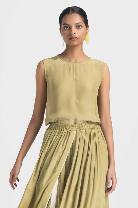 Buy Three Green Crepe, Chanderi Tassels Round Neck Top Overlay Pant Set Online at Aza Fashions Buy_Three_Green Crepe, Chanderi Tassels Round Neck Top Overlay Pant Set _Online_at_Aza_Fashions