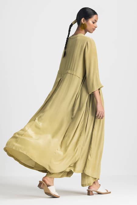 Shop Three Green Crepe Round Neck Front Buttoned Jacket Pant Set at Aza Fashions Shop_Three_Green Crepe Round Neck Front Buttoned Jacket Pant Set _at_Aza_Fashions