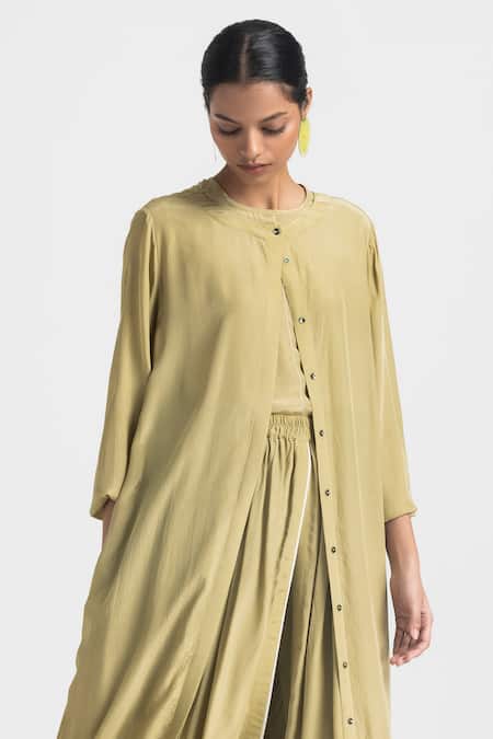 Three Green Crepe Round Neck Front Buttoned Jacket Pant Set Online at Aza Fashions Three_Green Crepe Round Neck Front Buttoned Jacket Pant Set _Online_at_Aza_Fashions