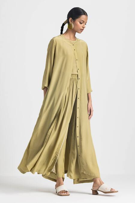 Buy Three Green Crepe Round Neck Front Buttoned Jacket Pant Set Online at Aza Fashions Buy_Three_Green Crepe Round Neck Front Buttoned Jacket Pant Set _Online_at_Aza_Fashions