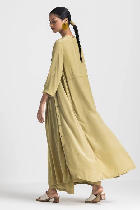 Shop Three Green Crepe Round Neck Front Buttoned Jacket Pant Set Online at Aza Fashions Shop_Three_Green Crepe Round Neck Front Buttoned Jacket Pant Set _Online_at_Aza_Fashions