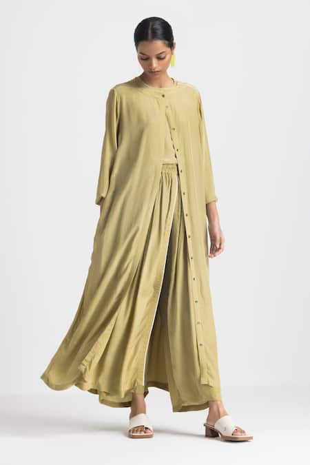 Three Green Crepe Plain Round Neck Moss Front Buttoned Jacket Pant Set Online at Aza Fashions Three_Green Crepe Plain Round Neck Moss Front Buttoned Jacket Pant Set _Online_at_Aza_Fashions