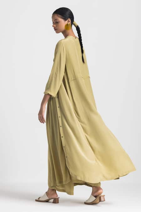 Buy Three Green Crepe Plain Round Neck Moss Front Buttoned Jacket Pant Set Online at Aza Fashions Buy_Three_Green Crepe Plain Round Neck Moss Front Buttoned Jacket Pant Set _Online_at_Aza_Fashions