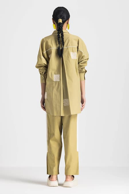 Shop Three Green Cotton, Poplin Embroidery Collared Wave Shirt With Pant at Aza Fashions Shop_Three_Green Cotton, Poplin Embroidery Collared Wave Shirt With Pant _at_Aza_Fashions