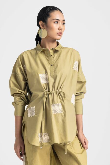 Buy Three Green Cotton, Poplin Embroidery Collared Wave Shirt With Pant Online at Aza Fashions Buy_Three_Green Cotton, Poplin Embroidery Collared Wave Shirt With Pant _Online_at_Aza_Fashions