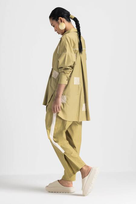 Shop Three Green Cotton, Poplin Embroidery Collared Wave Shirt With Pant Online at Aza Fashions Shop_Three_Green Cotton, Poplin Embroidery Collared Wave Shirt With Pant _Online_at_Aza_Fashions