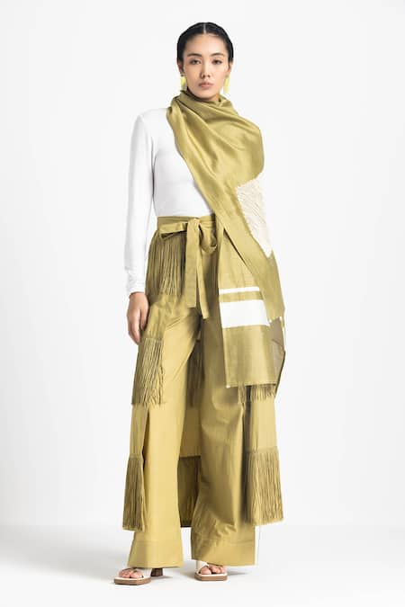 THREE Embroidered Scarf With Fringed Overlay Pant 