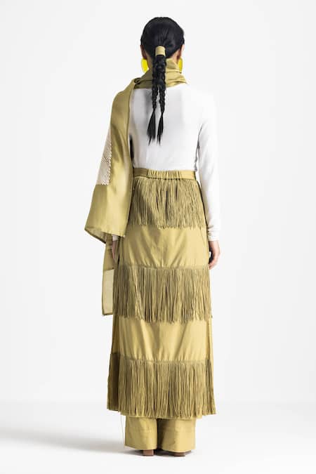 Shop Three Green Poplin, Chanderi Fringe Embroidered Scarf With Overlay Pant at Aza Fashions Shop_Three_Green Poplin, Chanderi Fringe Embroidered Scarf With Overlay Pant _at_Aza_Fashions