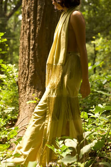 Three Green Poplin, Chanderi Fringe Embroidered Scarf With Overlay Pant Online at Aza Fashions Three_Green Poplin, Chanderi Fringe Embroidered Scarf With Overlay Pant _Online_at_Aza_Fashions