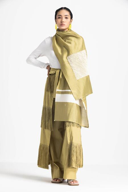 Buy Three Green Poplin, Chanderi Fringe Embroidered Scarf With Overlay Pant Online at Aza Fashions Buy_Three_Green Poplin, Chanderi Fringe Embroidered Scarf With Overlay Pant _Online_at_Aza_Fashions