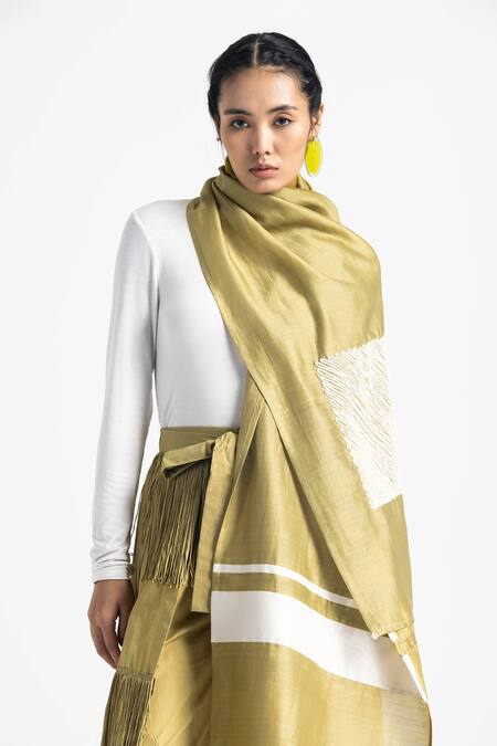 Shop Three Green Poplin, Chanderi Fringe Embroidered Scarf With Overlay Pant Online at Aza Fashions Shop_Three_Green Poplin, Chanderi Fringe Embroidered Scarf With Overlay Pant _Online_at_Aza_Fashions