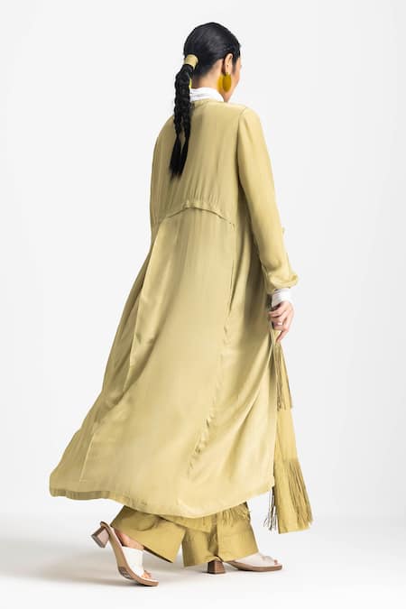 Shop Three Green Crepe, Poplin Round Neck Front Buttoned Jacket With Overlay Pant at Aza Fashions Shop_Three_Green Crepe, Poplin Round Neck Front Buttoned Jacket With Overlay Pant _at_Aza_Fashions