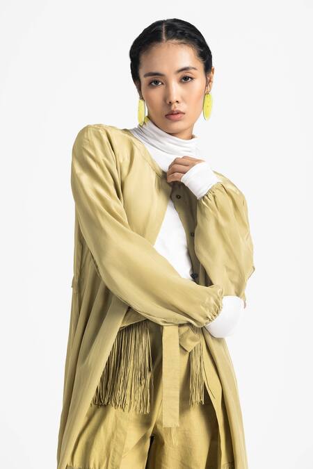 Three Green Crepe, Poplin Round Neck Front Buttoned Jacket With Overlay Pant Online at Aza Fashions Three_Green Crepe, Poplin Round Neck Front Buttoned Jacket With Overlay Pant _Online_at_Aza_Fashions