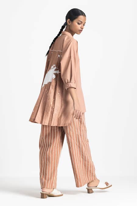 Shop_Three_Pink Poplin, Chanderi, Handloom Cotton Collared Back Pleated Shirt With Pant _at_Aza_Fashions