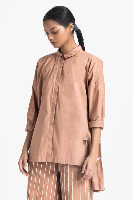 Three_Pink Poplin, Chanderi, Handloom Cotton Collared Back Pleated Shirt With Pant _Online_at_Aza_Fashions