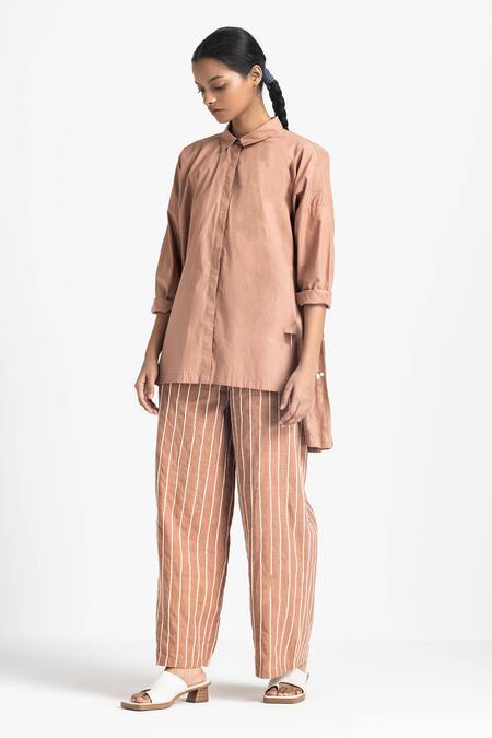 Buy_Three_Pink Poplin, Chanderi, Handloom Cotton Collared Back Pleated Shirt With Pant _Online_at_Aza_Fashions