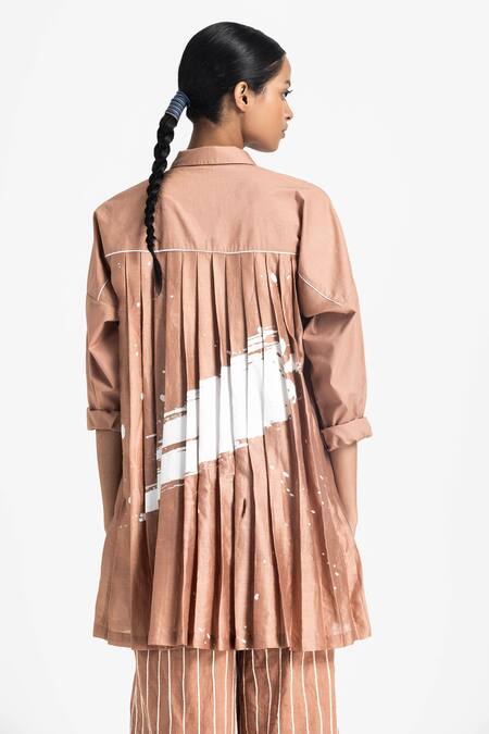 Three_Pink Poplin, Chanderi, Handloom Cotton Collared Back Pleated Shirt With Pant _at_Aza_Fashions