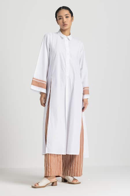 Shop Three Pink Shirt Poplin Plain Collared Wide Sleeve Long Tunic With Pant Online at Aza Fashions Shop_Three_Pink Shirt Poplin Plain Collared Wide Sleeve Long Tunic With Pant _Online_at_Aza_Fashions