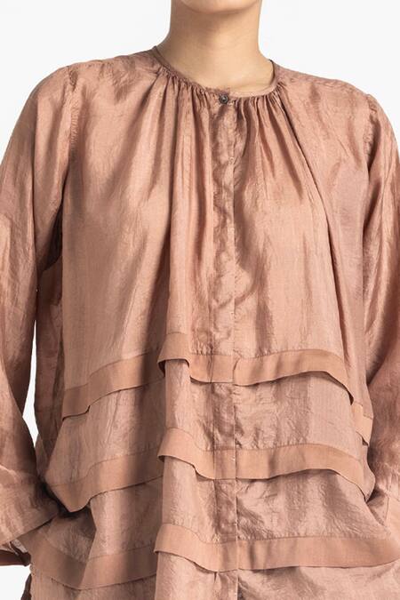 Three Pink Silk, Handloom Cotton Embroidery Multi Pleat Top And High Waist Pant Set Online at Aza Fashions Three_Pink Silk, Handloom Cotton Embroidery Multi Pleat Top And High Waist Pant Set _Online_at_Aza_Fashions