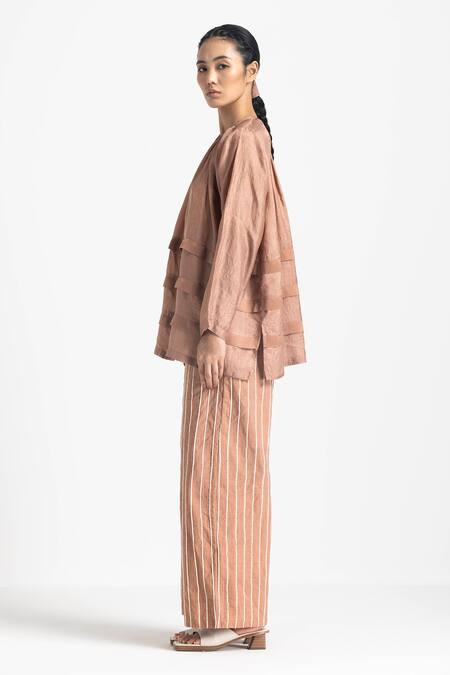 Buy Three Pink Silk, Handloom Cotton Embroidery Multi Pleat Top And High Waist Pant Set Online at Aza Fashions Buy_Three_Pink Silk, Handloom Cotton Embroidery Multi Pleat Top And High Waist Pant Set _Online_at_Aza_Fashions