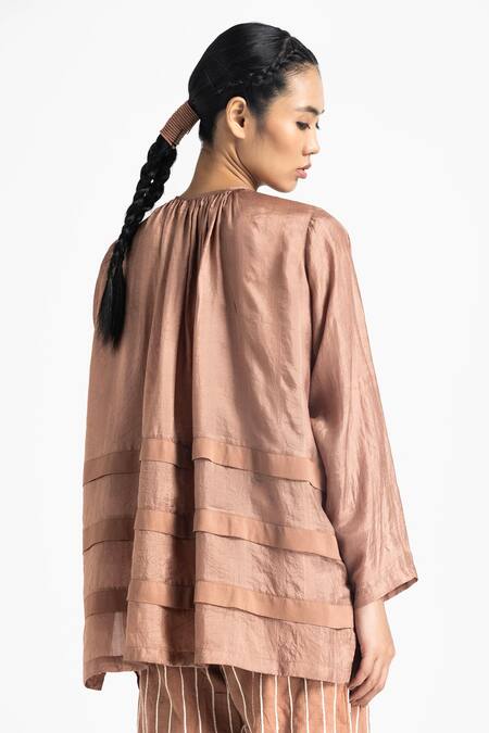 Shop Three Pink Silk, Handloom Cotton Embroidery Multi Pleat Top And High Waist Pant Set Online at Aza Fashions Shop_Three_Pink Silk, Handloom Cotton Embroidery Multi Pleat Top And High Waist Pant Set _Online_at_Aza_Fashions